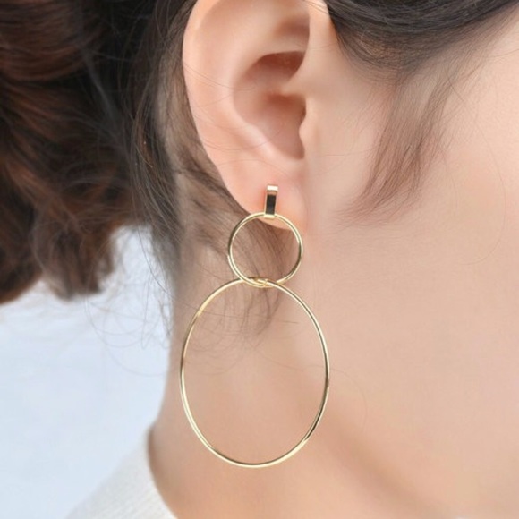 Gold Double Hoop Statement Earrings - Picture 3 of 4